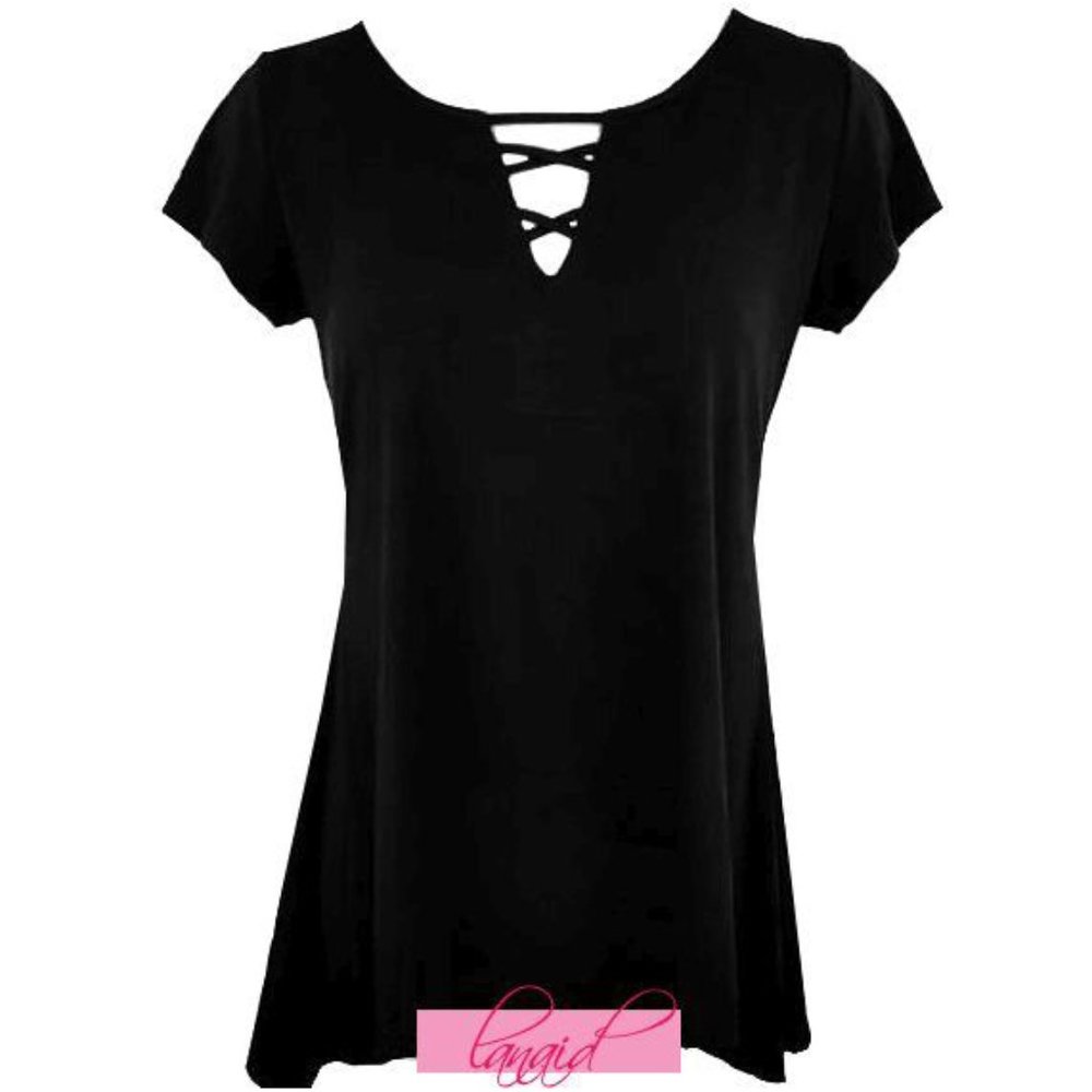 NEW Maurices Open Back V-Neck Backless Crisscross Lace-Up Geometric Tunic Blouse